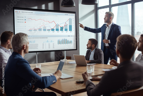 Conference Business Meeting Presentation: CEO Businessman Shows Data to Group of Investors, Businessspeople. Projector Screen Shows Graphs, Product Sales, Revenue Growth Strategy, e-Commerce Analysis