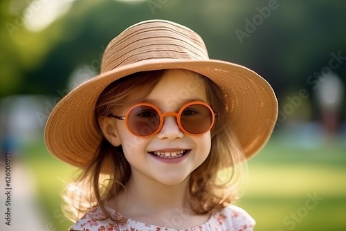 Portrait of a cute little girl wearing hat and sunglasses in the park