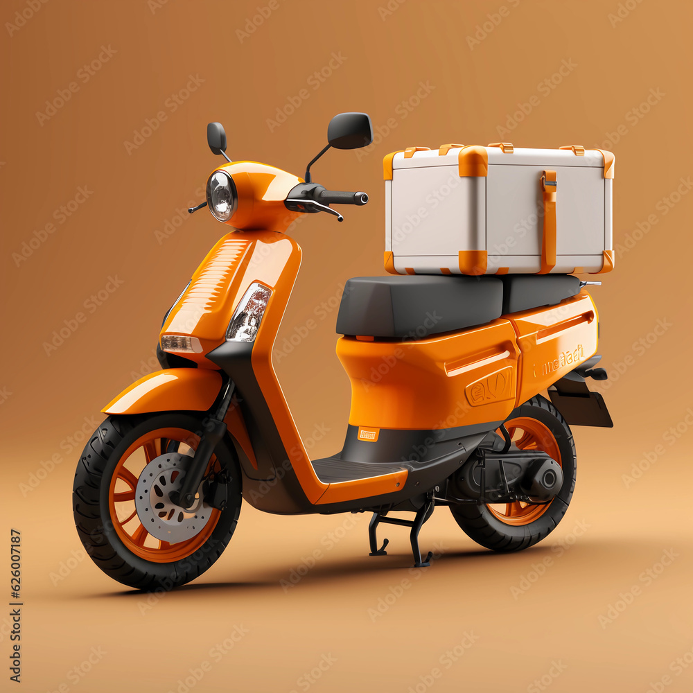 Orange scooters with storage boxes, package delivery motorbikes