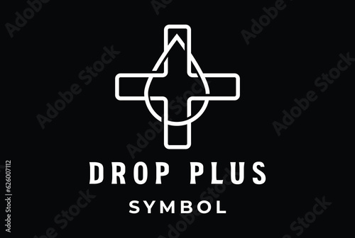 Pure Liquid Water Oil Drop With Plus or Health Symbol Line Monogram Icon Illustration Vector