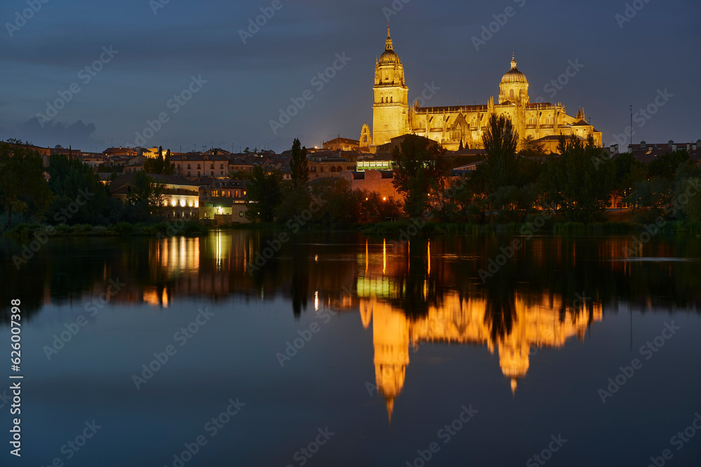 Cathedral of Salamanca at night view from the Tormes River, Salamanca City, Spain, Europe.
