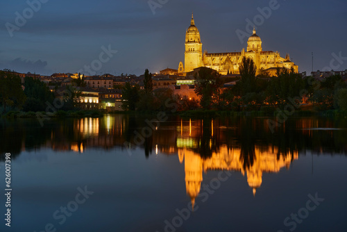 Cathedral of Salamanca at night view from the Tormes River, Salamanca City, Spain, Europe. © Juanma