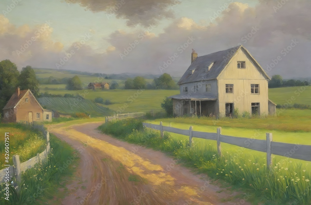 Oil painting, Generative AI, landscape with church in the background Oil painting, Generative AI, landscape with church in the background