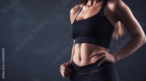 Beautiful slim female body in sportswear on a dark background. Generative AI.