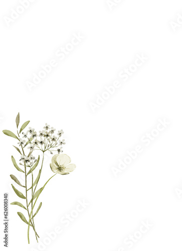 Greeting card, invitation, floral background
with place for text. Watercolor flowers isolated on white. Hand drawing.