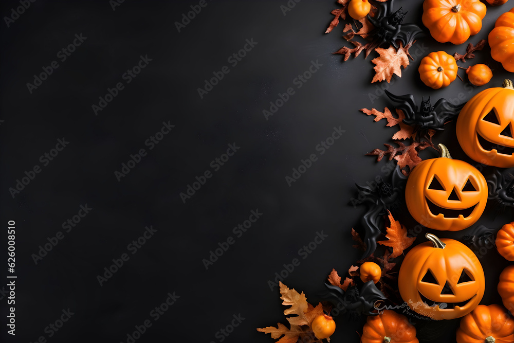 Happy halloween flat lay mockup with pumpkins, leaves and bats on black background. Autumn holiday concept composition. Top view with copy space. Generated ai. - obrazy, fototapety, plakaty 