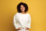 Young woman wearing white sweatshirt mockup, at yellow background. Design pullover template, print presentation mock-up. Generated AI.