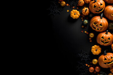 Happy halloween flat lay mockup with pumpkins and spider web on black background. Autumn holiday concept composition. Top view with copy space. Generated ai.