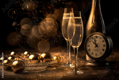 two glasses with champagne and clock on table with Christmas decorations. new year, generative AI