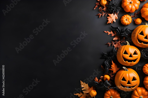 Happy halloween flat lay mockup with pumpkins, leaves and bats on black background. Autumn holiday concept composition. Top view with copy space. Generated ai.