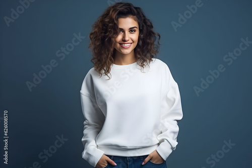 Young woman wearing white sweatshirt mockup, at dark blue background. Design pullover template, print presentation mock-up. Generated AI.