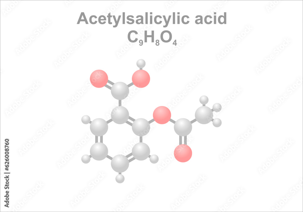 Simplified scheme of the acetylsalicylic acid molecule. Use as pain reliever and blood thinner. Simplified scheme of the acetylsalicylic acid molecule. Use as pain reliever and blood thinner.