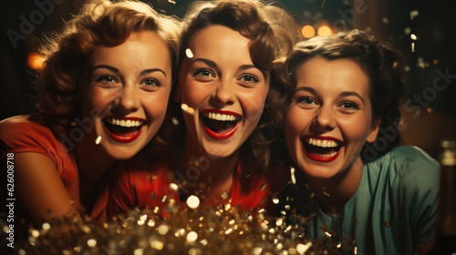 Vintage portrait of three young beautiful women celebrating New Year. Generative AI.