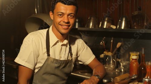 Retro portrait of a smiling african american male barista in apron working in coffee shop. Generative AI.