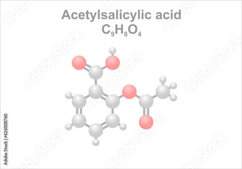 Simplified scheme of the acetylsalicylic acid molecule. Use as pain reliever and blood thinner.