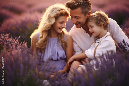 Family in lavender field during sunset. High quality photo