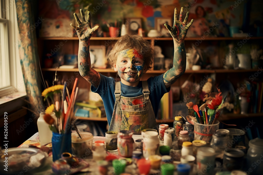 Obraz premium A playfull boy is painting beautifully with their hands at a crowded home with painted faces and hands