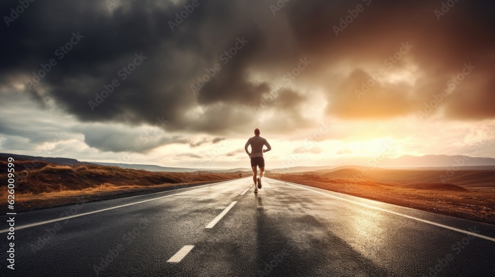 Back view of athletic male runner on asphalt road with clouds in sky at sunrise. concept path to success. Generative Ai.