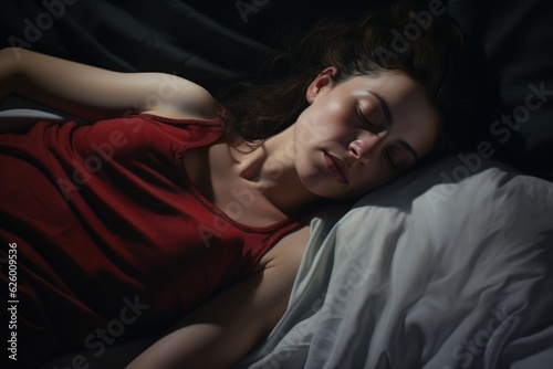 Young Caucasian woman tired peaceful sleeping laying dark night bedroom napping relaxed calm girl sleep dreaming relaxing at nighttime in comfortable bed orthopedic mattress dreams dark room at home