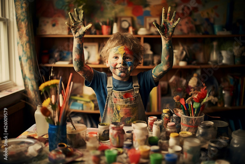 A playfull boy is painting beautifully with their hands at a crowded home with p Fototapeta