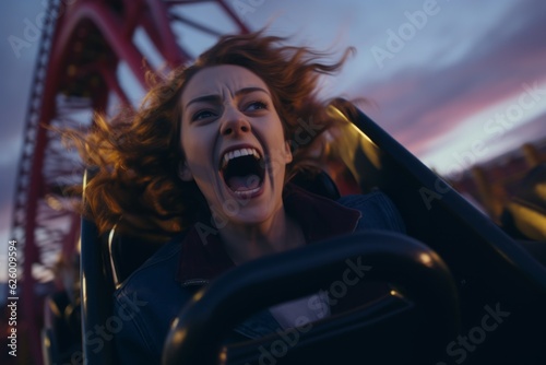 Stunned enthusiastic happy funny shocked amazed wonder screaming yelling girl scared afraid woman open mouth scream shout yell joyful riding rollercoaster amusement park amazing attraction fun holiday
