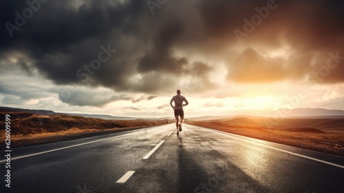 Back view of athletic male runner on asphalt road with clouds in sky at sunrise. concept path to success. Generative Ai. © tong2530