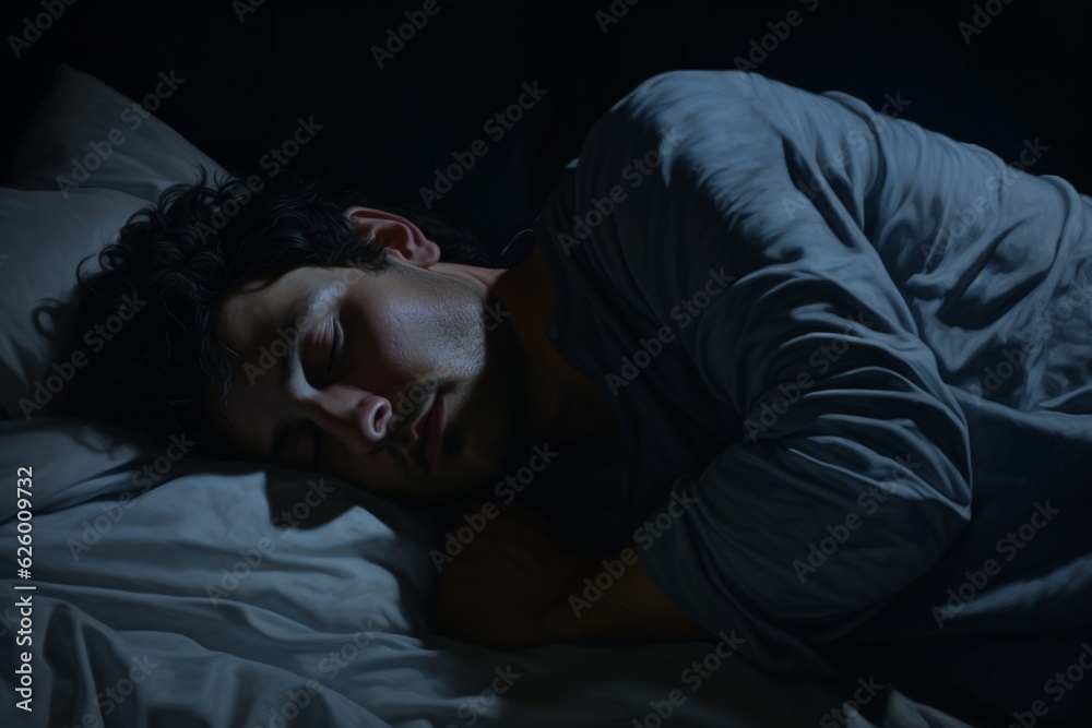 Young Caucasian man peaceful sleeping laying dark night bedroom napping relaxed calm guy sleep dreaming relaxing resting at nighttime in comfortable bed orthopedic mattress dreams dark room top view Young Caucasian man peaceful sleeping laying dark night bedroom napping relaxed calm guy sleep dreaming relaxing resting at nighttime in comfortable bed orthopedic mattress dreams dark room top view