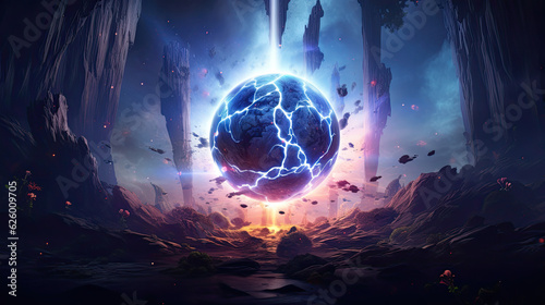 Surreal planet exploding in the middle of an alien landscape, epic fantasy art