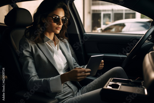 A youthful latin business-woman is working concentrated with computer without logo in the backseat of a expensive modern car while drinking coffee photo