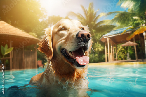 A holiday cool dog is smiling sunglasses next to the pool ; a tropical background or banner