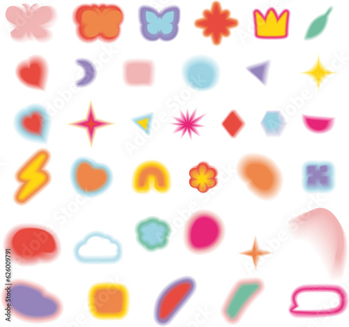 aesthetic y2k aura elements set. flower, blob, heart, butterfly, star symbols.
