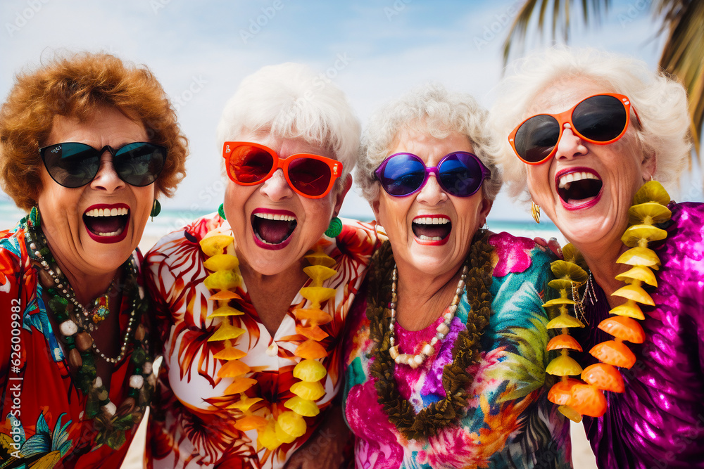 A holiday attractive group of grannies are smiling sunglasses on a  beach ; a tropical background or banner