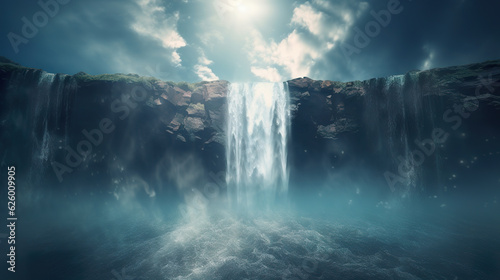 Surreal waterfall that defies gravity. Waterfall with a mesmerizing and dreamlike look. Beautiful waterfall in deep forest like a paradise. Realistic 3D illustration. Generative AI