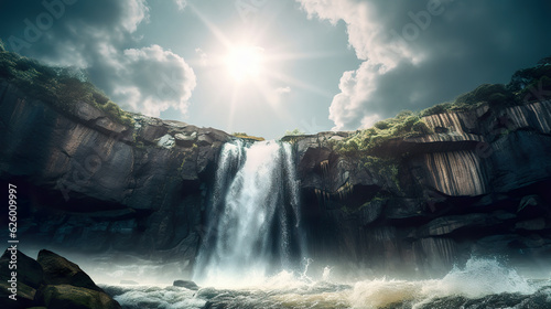 Surreal waterfall that defies gravity. Waterfall with a mesmerizing and dreamlike look. Beautiful waterfall in deep forest like a paradise. Realistic 3D illustration. Generative AI