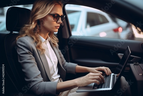 An adult caucasian business-woman is working concentrated with computer without logo in the backseat of a expensive modern car while looking at the screen © pangamedia