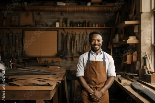 A young african american male craftsman are working happily with wooden planks in a clean and modern workshop wearing an apron photo