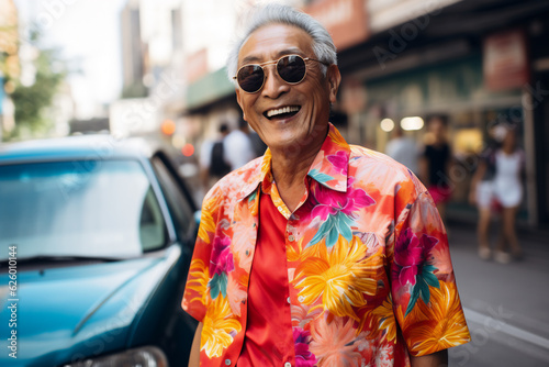 A retired asian senior is travelling cheerful with holiday clothing in a vibrant city on vacation while retired