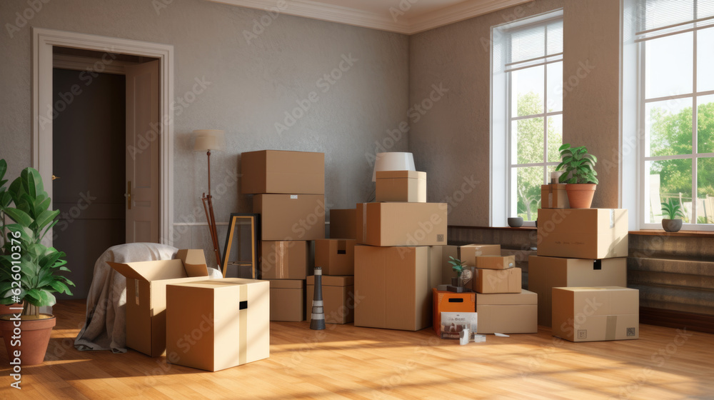 A pile of moving boxes in the room. Created with Generative AI technology. A pile of moving boxes in the room. Created with Generative AI technology.