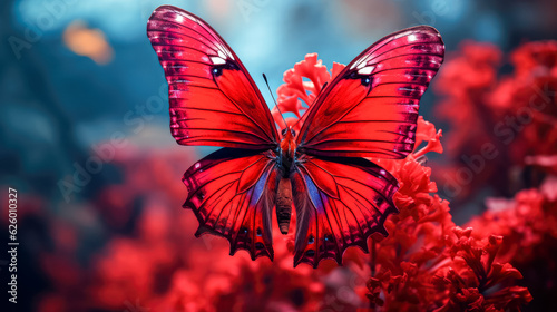 Beautiful red butterfly on a red flower. Close-up. Generative AI