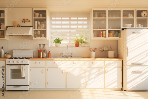 A retro soft white kitchen is lit with sun beams coming in from the left without people present