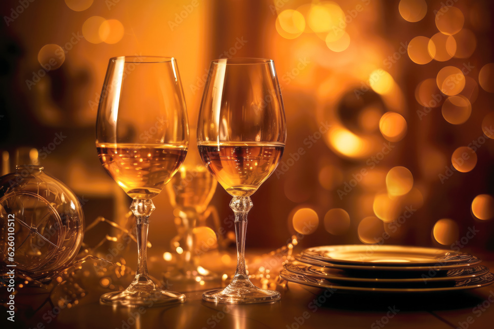 glasses with champagne on the table with Christmas decorations with a garland. generative AI glasses with champagne on the table with Christmas decorations with a garland. generative AI