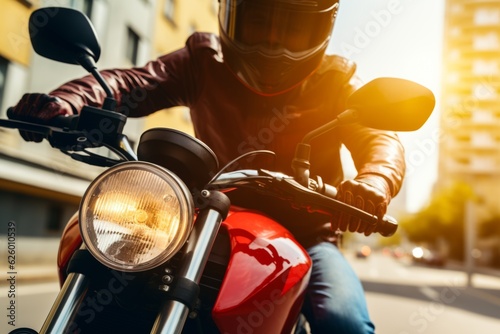 Valokuvatapetti Confident cool guy in moto helmet biker man riding motorcycle bike male in jacke