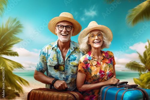 An aged caucasian elder an his wife are travelling happy with holiday clothing on a nature vibrant trip on vacation while retired photo