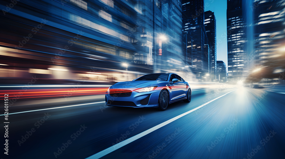 Blue sports car on the road with motion blur background generative AI