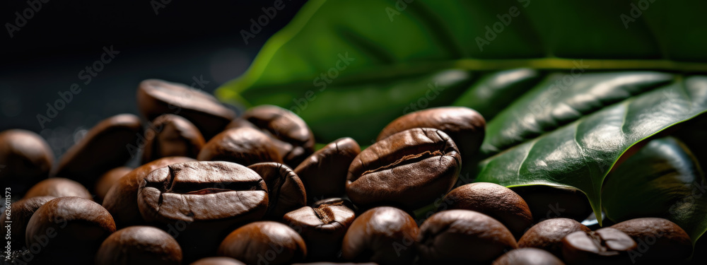 Obraz premium Brown roasted coffee with green leaves. Created with Generative AI technology.