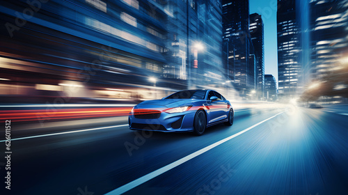 Blue sports car on the road with motion blur background generative AI © VP Photos