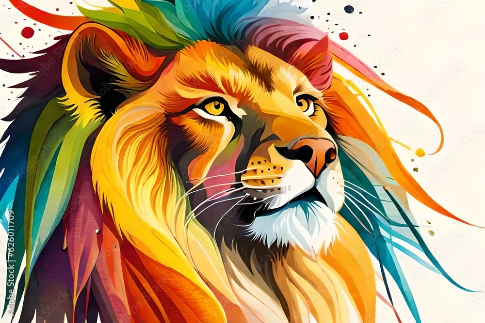 Splash color art image of a lion head closeup on white background, By Generative AI technology