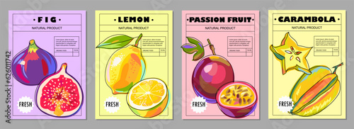 Set of templates with fruits. Fig, lemon, passion fruit, carambola. Fruit posters, labels, covers, price tags. Cartoon style. Vector illustration.