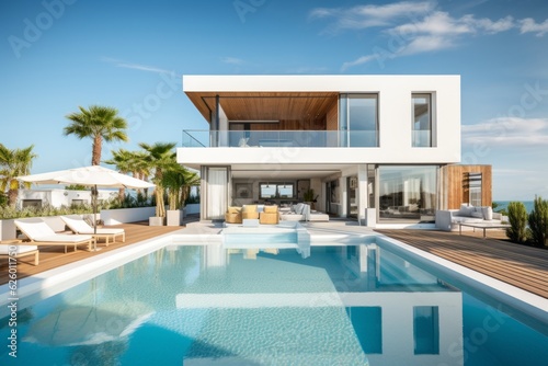 Modern and elegant villa with pool. AI generated © XC Stock