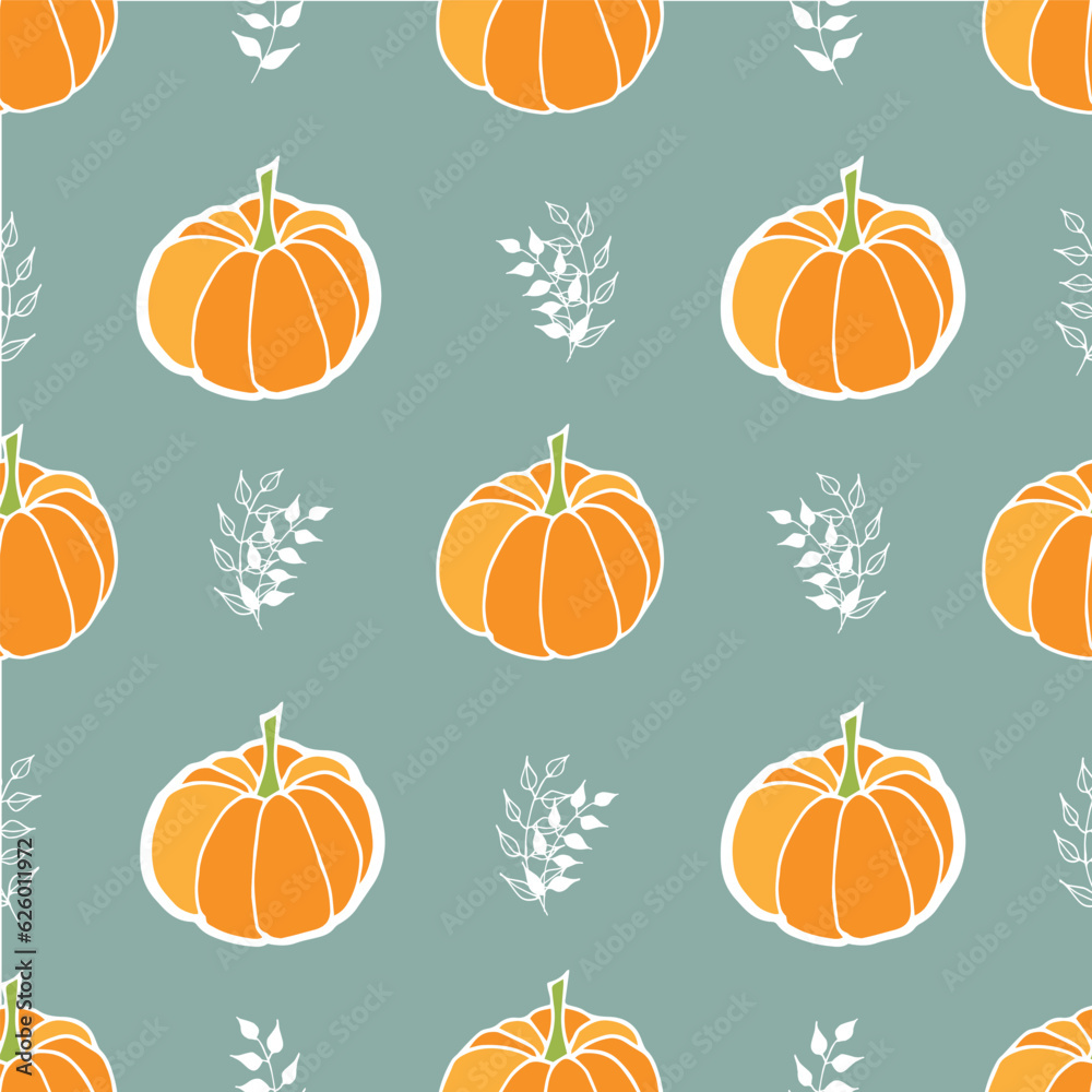 Seamless Pumpkin Pattern on Sage Background.  Perfect for fabric, scrapbooking, wall paper projects, and paper products.
